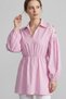 Maca Elastic Waist Balloon Long Sleeve Buttoned Shoulders Satin Women's Shirt & Blouse & Hijab Shirt - Pink&White