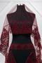 Burgundy Flocked Printed Bridal Veil, Henna Night Cover, Bride's Reception Cover, Veil, Gloves, Belt, Henna Night Veil Set - 2