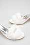 Satin Detailed Feathered Bridal Slippers with Stone Detail, White Thick Heeled Wedding, Engagement and Dowry Slippers - 4