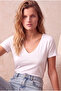 Women's Shiny White Cotton / Elastane Blend Regular Fit V-Neck Short Sleeve T-Shirt Delaney - 3
