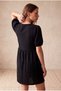Women's Black Seersucker Textured Viscose Regular Fit Crew Neck Short Balloon Sleeve Gathered Above Knee Dress Sinclair - 4