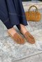 Ruched front 100% genuine suede leather women's loafers - tan - 3