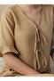 Women's Bamboo Linen Pajama Set with Tie Front Detail, Flared Sleeves and Cuffs - 5