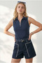 Women's Navy Blue Polo Collar Zippered Decorated Stretchy Blouse Blz-19003429 - 3