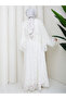 Flower-Patterned Lace Dress with Double Layered Veil and Gold Chain Belt.. 2 Pieces of Lace Poncho - 6