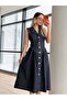 Women's Dark Navy Blue Buttoned White Stitch Detailed Belted Denim Midi Dress 7827