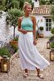 White Lined Foldable Fabric Waist Casual Cotton Long Woven Skirt 95 65 - 5