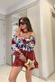 Women's Red Floral Print Off Shoulder Balloon Sleeve Crop Blouse Ruffle Mini Skirt Summer Set 8092 - 4