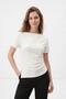 White Boat Neck Short Sleeve Gathered Detailed Asymmetrical Cut Blouse 3250