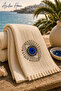 100% Cotton Muslin Peshtemal Evil Eye Bead Patterned Beach Towel Bohemian Travel Towel 90X170 cm