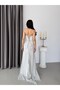 White Polka Dot Flounce Slit Strapless Evening Dress - 7
