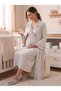 New Season Beige Melange Flounced Full Length Easy Breastfeeding Design Short Sleeve Maternity Nightgown Set - 5