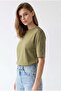 2166 Women's Stone Detailed Crew Neck Short Sleeve Blouse Olive - 4
