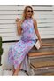 Women's Strappy Round Neck Long Jersey Dress with Side Slits - 3