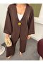 Single Gold Button V-Neck Wide Sleeve Wrinkled Textured Kimono Trouser Set 9110 - Brown - 7