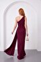 Women's Burgundy One-Shoulder Accessory Detail Long Knitted Event Dress - 4