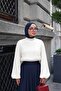 Women's Back Zipper Detailed High Collar Balloon Sleeve Satin Blouse White - 3