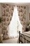 Brown French Country Patterned Duck Fabric Plain Background Curtain with Cornice - Gift with Laces