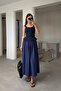 Poplin Skirt with Elastic Waist and Pocket Detail - Dark Blue