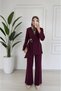 Plum Belt Detailed Double-Breasted Jacket and Trousers Set |   Belt Buckle Long Sleeve Stylish Two-Piece Set |   Casual Office Women's Set with High Waist Wide-Leg Fabric Trousers