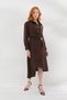 Buckle Detailed Long Sleeve Brown Dress