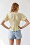 4895 Women's Transparent Embroidered Floral Patterned Balloon Sleeve Blouse Yellow - 5