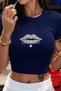 Women's Crop Slim Fit Stoned Lip Printed 100% Cotton T-Shirt – Black