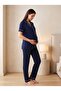 New Season Navy Blue Shawl Collar Breastfeeding Feature Adjustable Waist Buttoned Special Design Short Sleeve 100% Cotton Maternity Pajama Set - 6