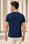 Men's Regular Fit Embroidered Contrast Collar Navy Blue Polo Neck T-Shirt - 4