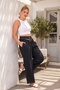 Italian Black Pocketed Belted Elastic Waist Wide Leg 100% Linen Woven Trousers 97 64 - 5