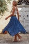 Dark Blue Lined Fringed Cut Elastic Waist Casual Wrinkled Long Woven Skirt 95 70 - 7
