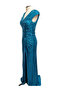 V-Neck Deep Slit Sequined Long Evening Dress - 4