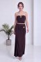 Women's Strapless Crop and Draped Detailed Skirt Two-Piece Set in Brown with Gold Accessories - 3
