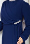 Women's Stone Detailed Draped Hijab Chiffon Evening Dress - 4