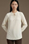Elista Women's Ruffle Lace-Up Drop Collar Gathered Combed Cotton Jacquard Long Sleeve Blouse & Hijab Blouse - Ecru - 5