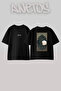 White Cat_2 Design Back Printed Cotton Black Oversize T-Shirt