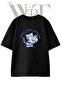 Kitten Flowers Design Printed Unisex Black Oversize T-Shirt