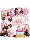 Pink Black Gold Birthday Balloon Garland Kit with Backdrop, Crown and Cake Foil Balloons, 72 Pieces