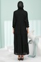 Black Half-Buttoned Skirted Layered Jacquard Dress - 5