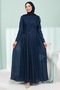 Navy Blue Evening Dress with Gathered Collar and Stones on the Front