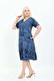 Women's Plus Size Knitted Viscose Blue Patterned Short Sleeve Stylish Combed Cotton Dress