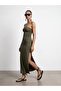 91640 Strapless Dress with Slit Detail - Khaki - 3