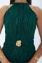 Women's Green Flock Print Halter Neck Gold Belt Detailed Midi Length Dress Nbmy4023 - 3