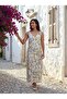 Women's Summer Long Dress Sleeveless V-Neck Floral Patterned Viscose Crepe Ecru - 6