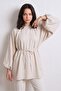 Beige Oversize Tunic with Balloon Sleeves and Tie at the Waist - Modal Fabric - 3