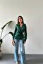 Women's Emerald Satin Blouse Shirt Lapel Collar Double Breasted Button Detail Long Sleeve - 4