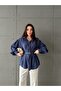 Women's Navy Blue Modal Shirt with Belt, Buttoned Balloon Sleeves, Cuffed Long Sleeves - 2