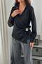 Women's Black Satin Blouse Shirt Lapel Collar Double Breasted Button Detail Long Sleeve - 4