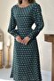 Women's Green Midi Dress Round Neck Long Sleeve Patterned Gathered Flared - 5