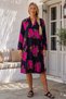 Black-Fuchsia V-Neck 3/4 Sleeve Hidden Pocket Pleated Floral Printed Casual Viscose Woven Dress 110 58 - 7